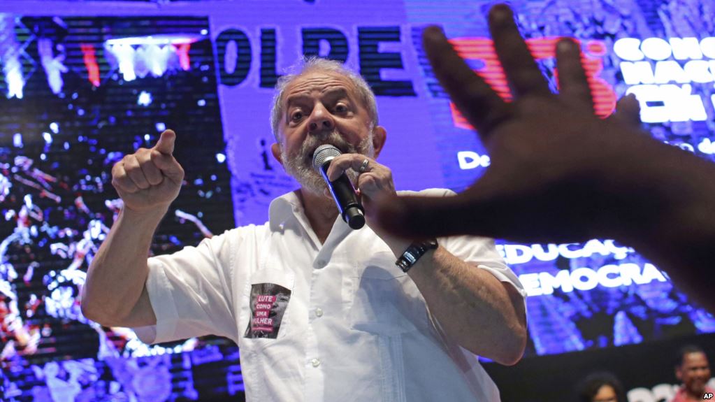 Brazil’s former President Luiz Inacio Lula da Silva, speaks during the opening of the National Congress of Education Experts, in Brasilia, Brazil, Thursday, Jan. 12, 2016. Lula announced during the Congress which will be a presidential candidate in the next election in Brazil. (AP Photo/Eraldo Peres)